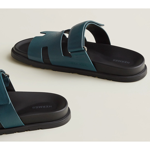 Hermes Chypre Sandal Mens Black Blue H Logo Strap Slide Slip On Flop Flat 44 11 - Picture 8 of 12